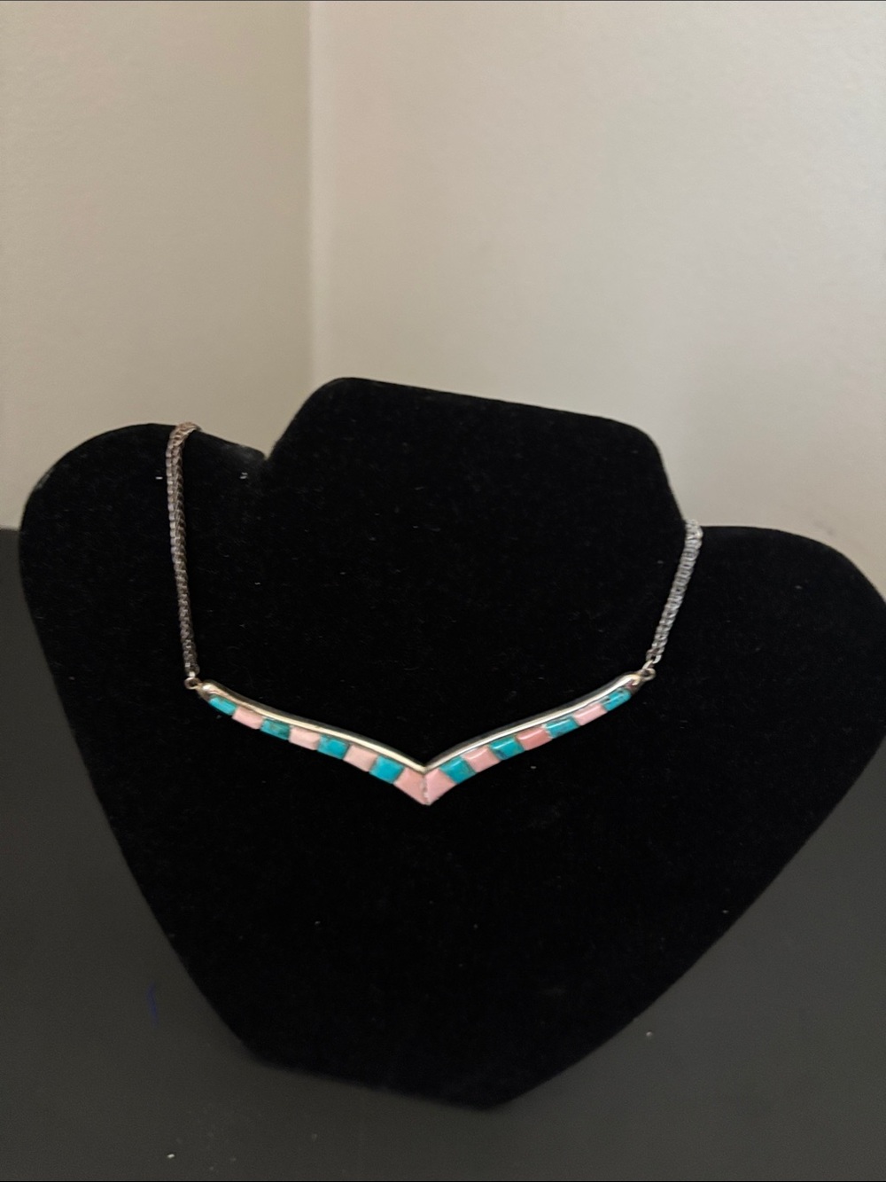 Jay King Silver V-Chevron Necklace with Pink and Turquoise Inlay